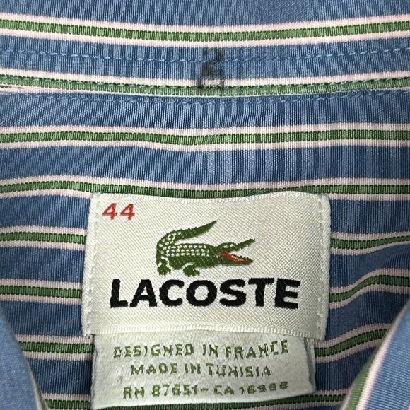 Lacoste Shirt Mens 44 Button Up Blue Green Pink Stripe Alligator Logo Preppy - Picture 4 of 12